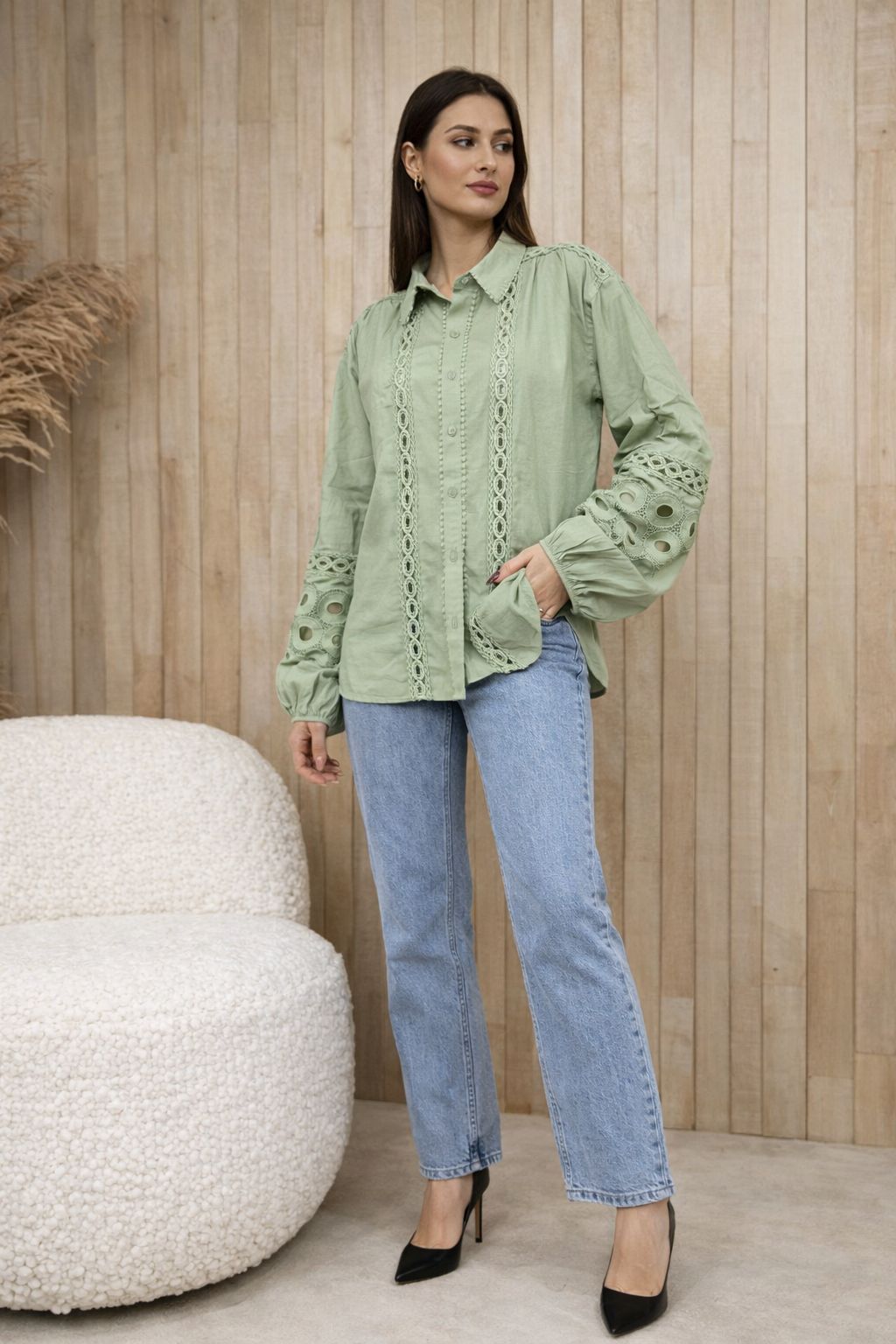 YEŞİL İŞLEMELİ OVERSIZE GÖMLEK